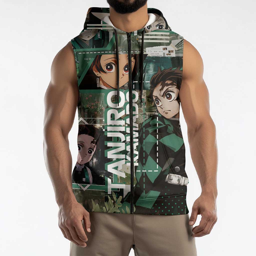 Tanjiro Kamado from Demon Slayer Sleeveless Zip Hoodie with Green Black Checkered Haori and Water Breathing Sword Pose Design - The Mazicc