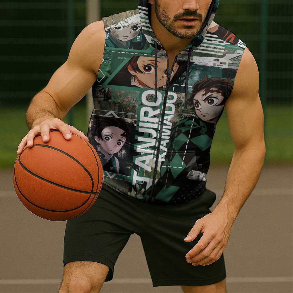 Tanjiro Kamado from Demon Slayer Sleeveless Zip Hoodie with Green Black Checkered Haori and Water Breathing Sword Pose Design - The Mazicc