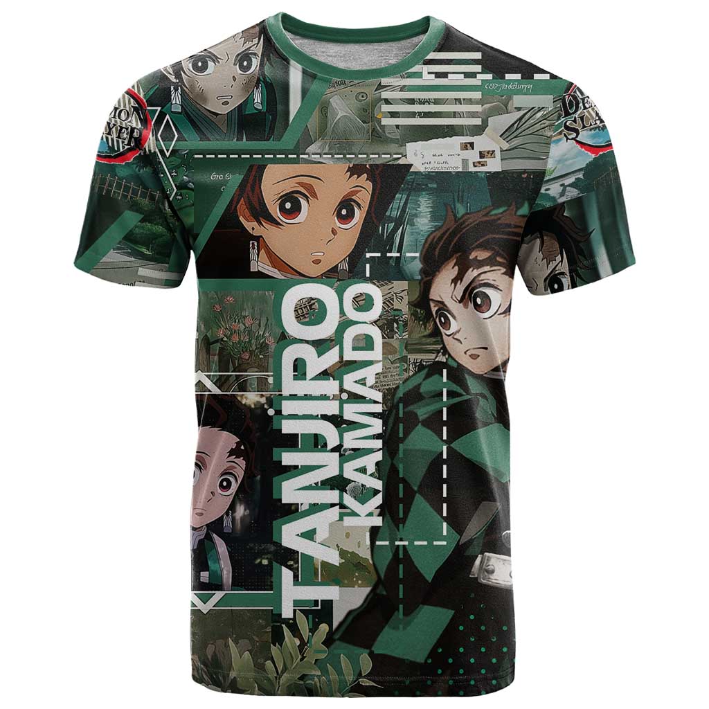 Tanjiro Kamado from Demon Slayer T Shirt with Green Black Checkered Haori and Water Breathing Sword Pose Design - The Mazicc