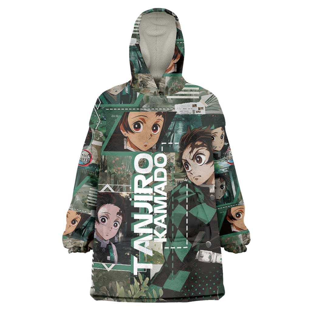 Tanjiro Kamado from Demon Slayer Wearable Blanket Hoodie with Green Black Checkered Haori and Water Breathing Sword Pose Design - The Mazicc