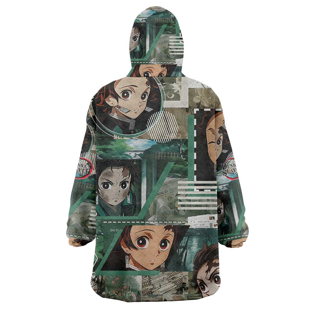 Tanjiro Kamado from Demon Slayer Wearable Blanket Hoodie with Green Black Checkered Haori and Water Breathing Sword Pose Design - The Mazicc