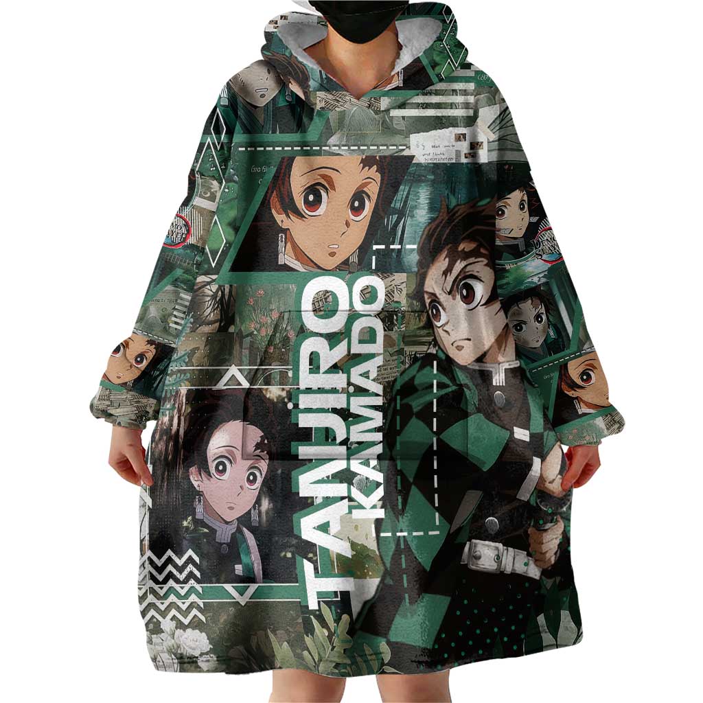 Tanjiro Kamado from Demon Slayer Wearable Blanket Hoodie with Green Black Checkered Haori and Water Breathing Sword Pose Design - The Mazicc