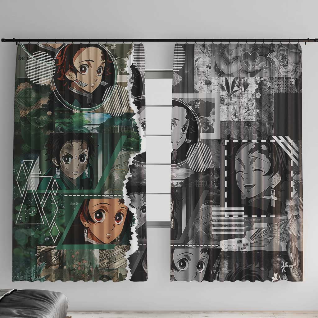 Tanjiro Kamado from Demon Slayer Window Curtain with Green Black Checkered Haori and Water Breathing Sword Pose Design - The Mazicc