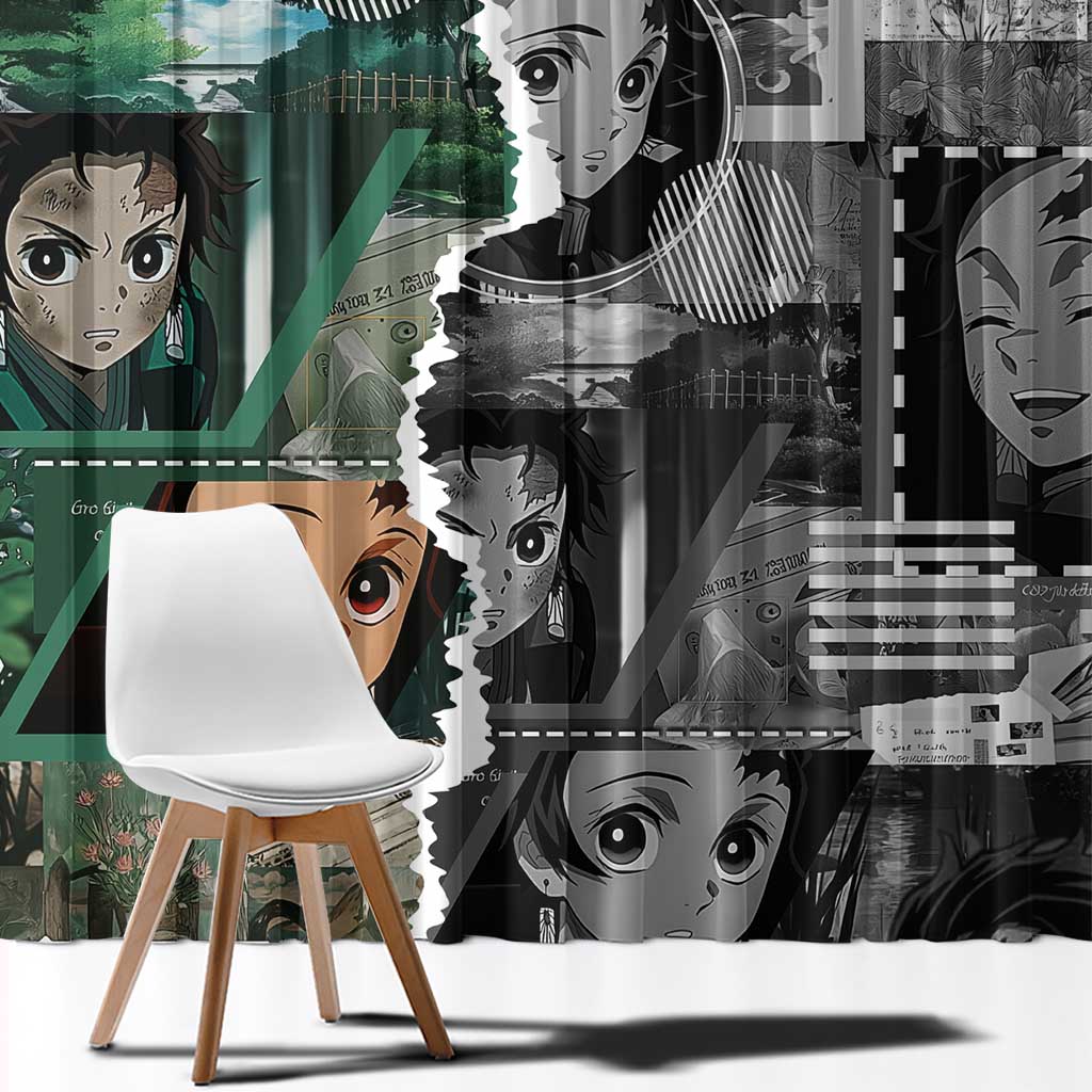 Tanjiro Kamado from Demon Slayer Window Curtain with Green Black Checkered Haori and Water Breathing Sword Pose Design - The Mazicc