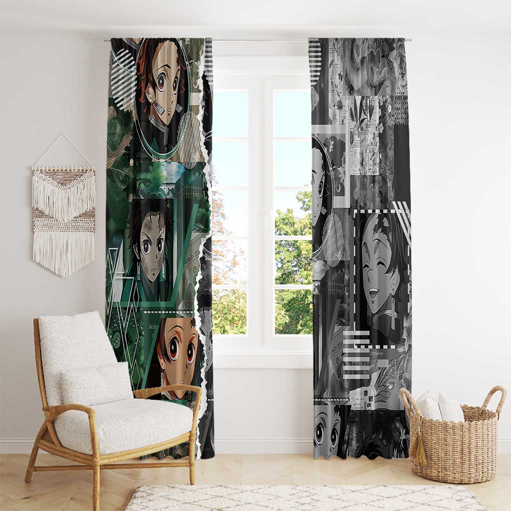 Tanjiro Kamado from Demon Slayer Window Curtain with Green Black Checkered Haori and Water Breathing Sword Pose Design - The Mazicc