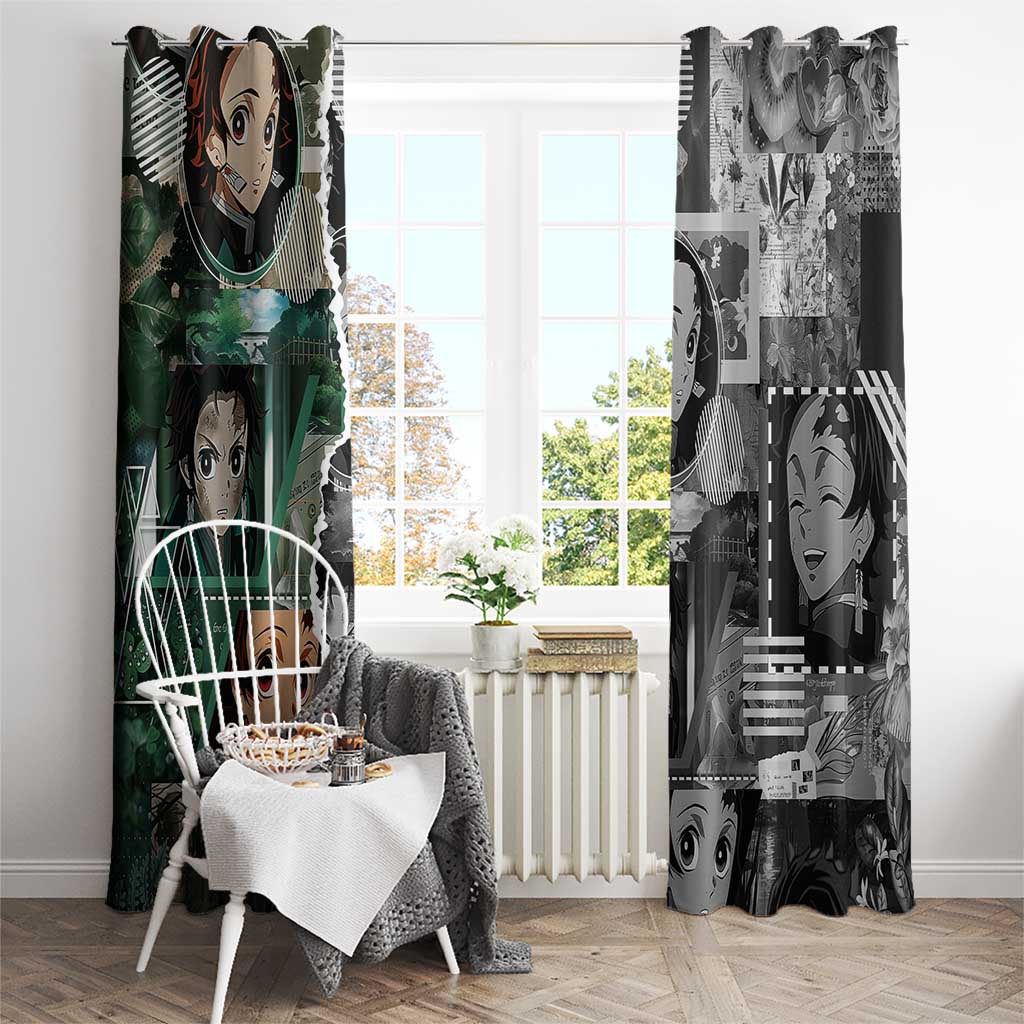Tanjiro Kamado from Demon Slayer Window Curtain with Green Black Checkered Haori and Water Breathing Sword Pose Design - The Mazicc