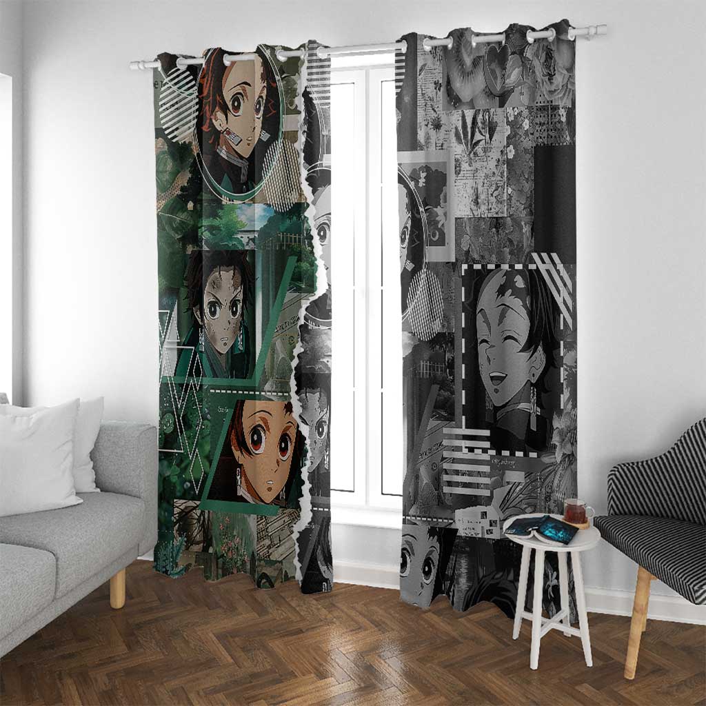 Tanjiro Kamado from Demon Slayer Window Curtain with Green Black Checkered Haori and Water Breathing Sword Pose Design - The Mazicc