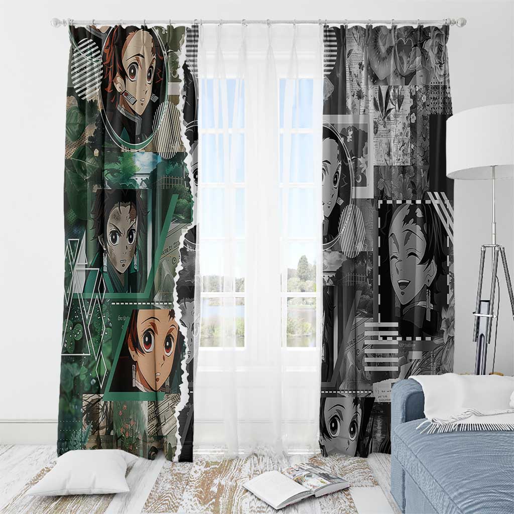 Tanjiro Kamado from Demon Slayer Window Curtain with Green Black Checkered Haori and Water Breathing Sword Pose Design - The Mazicc