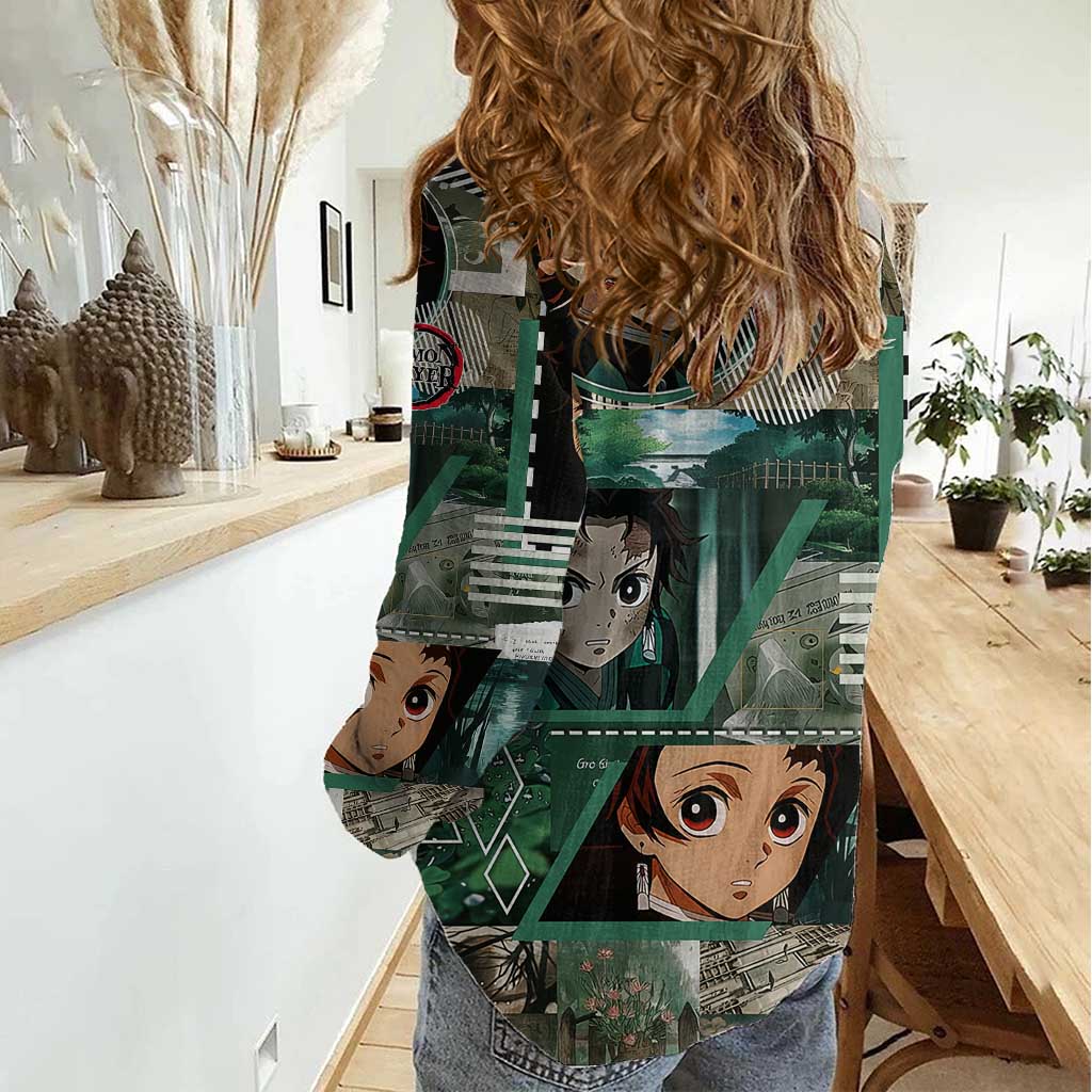 Tanjiro Kamado from Demon Slayer Women Casual Shirt with Green Black Checkered Haori and Water Breathing Sword Pose Design - The Mazicc