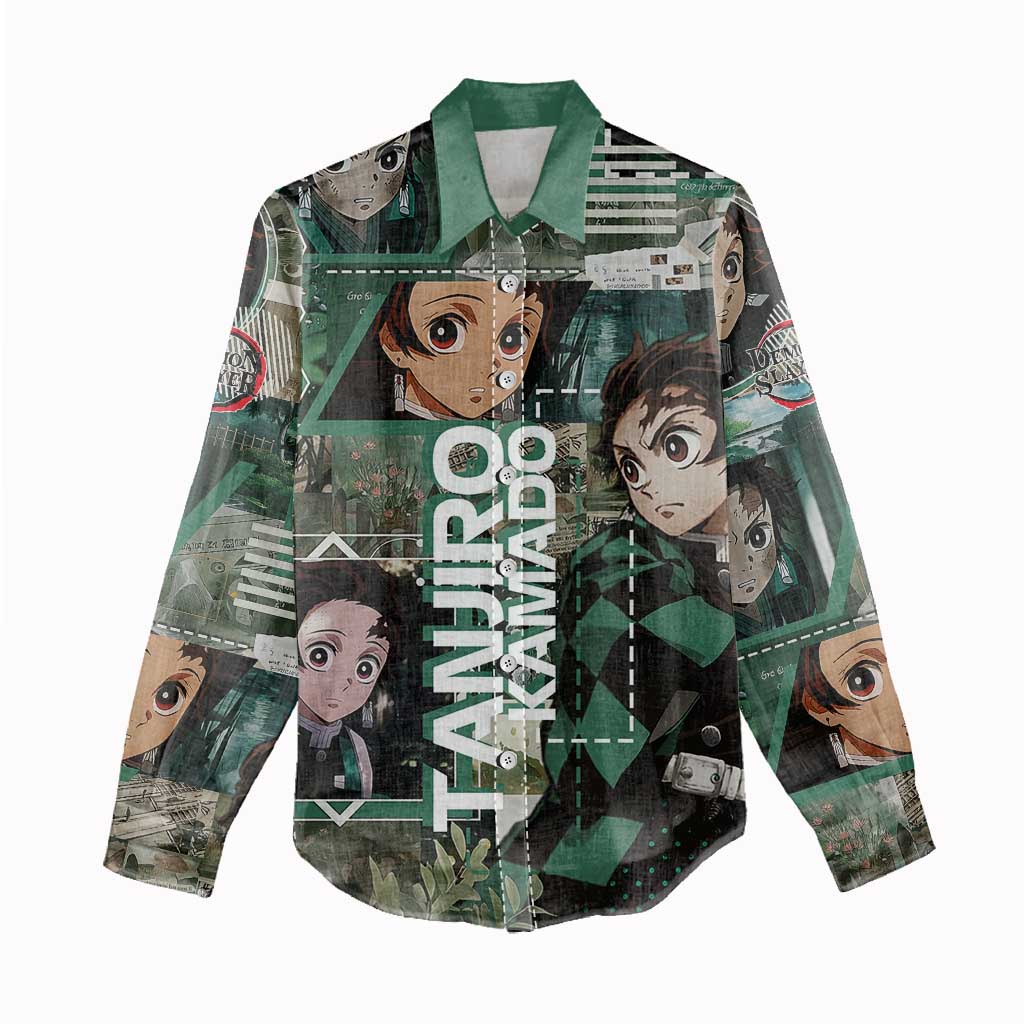 Tanjiro Kamado from Demon Slayer Women Casual Shirt with Green Black Checkered Haori and Water Breathing Sword Pose Design - The Mazicc