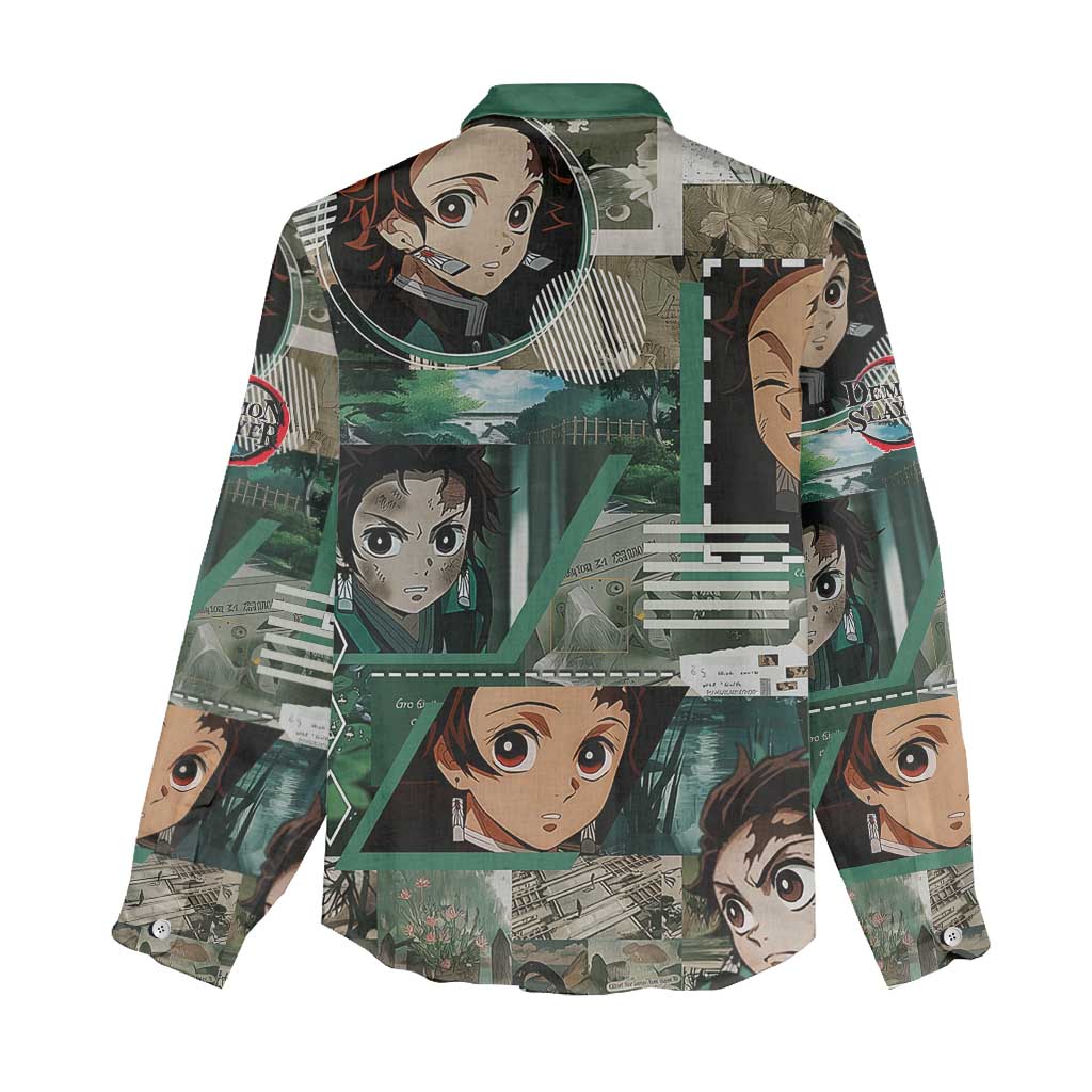 Tanjiro Kamado from Demon Slayer Women Casual Shirt with Green Black Checkered Haori and Water Breathing Sword Pose Design - The Mazicc