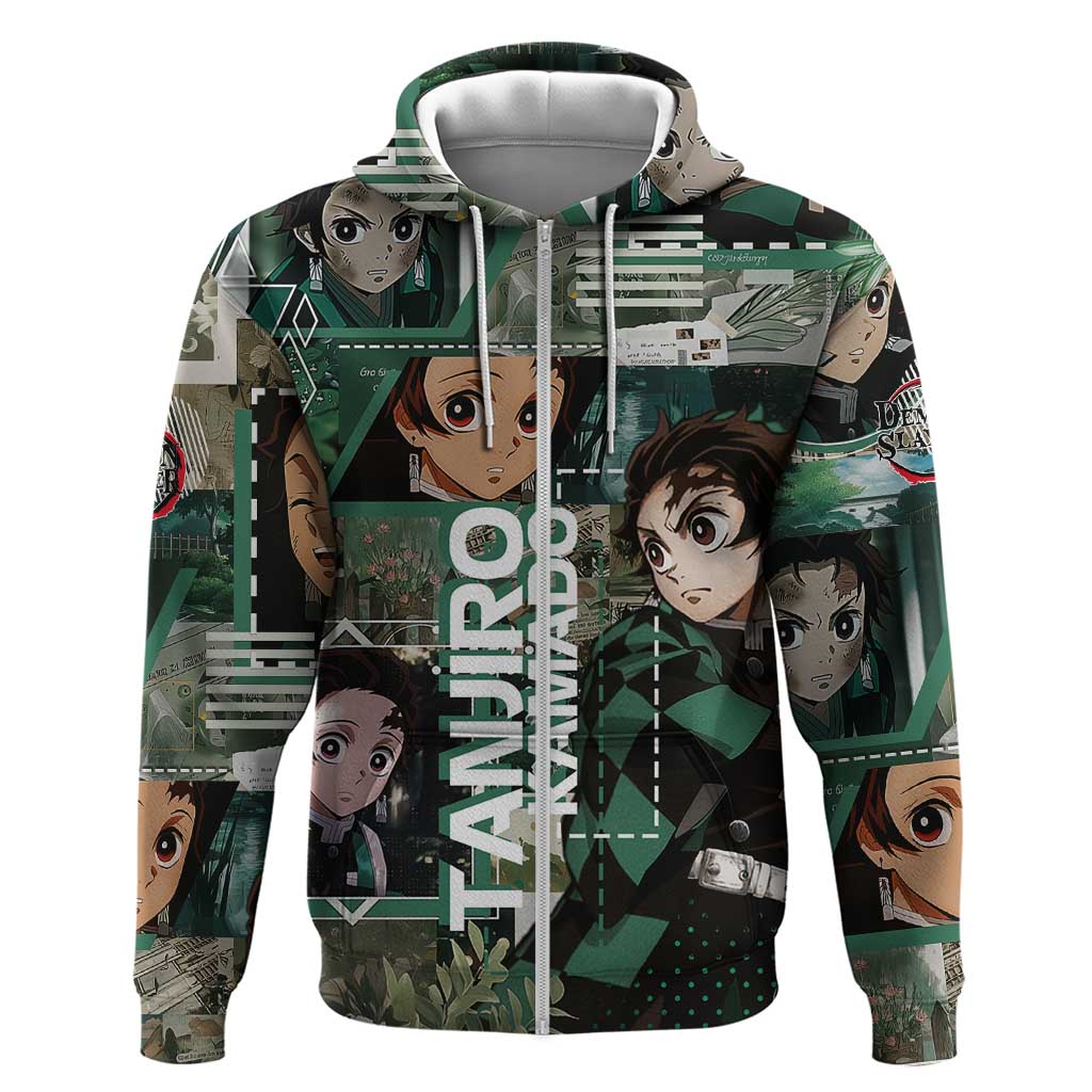 Tanjiro Kamado from Demon Slayer Zip Hoodie with Green Black Checkered Haori and Water Breathing Sword Pose Design - The Mazicc