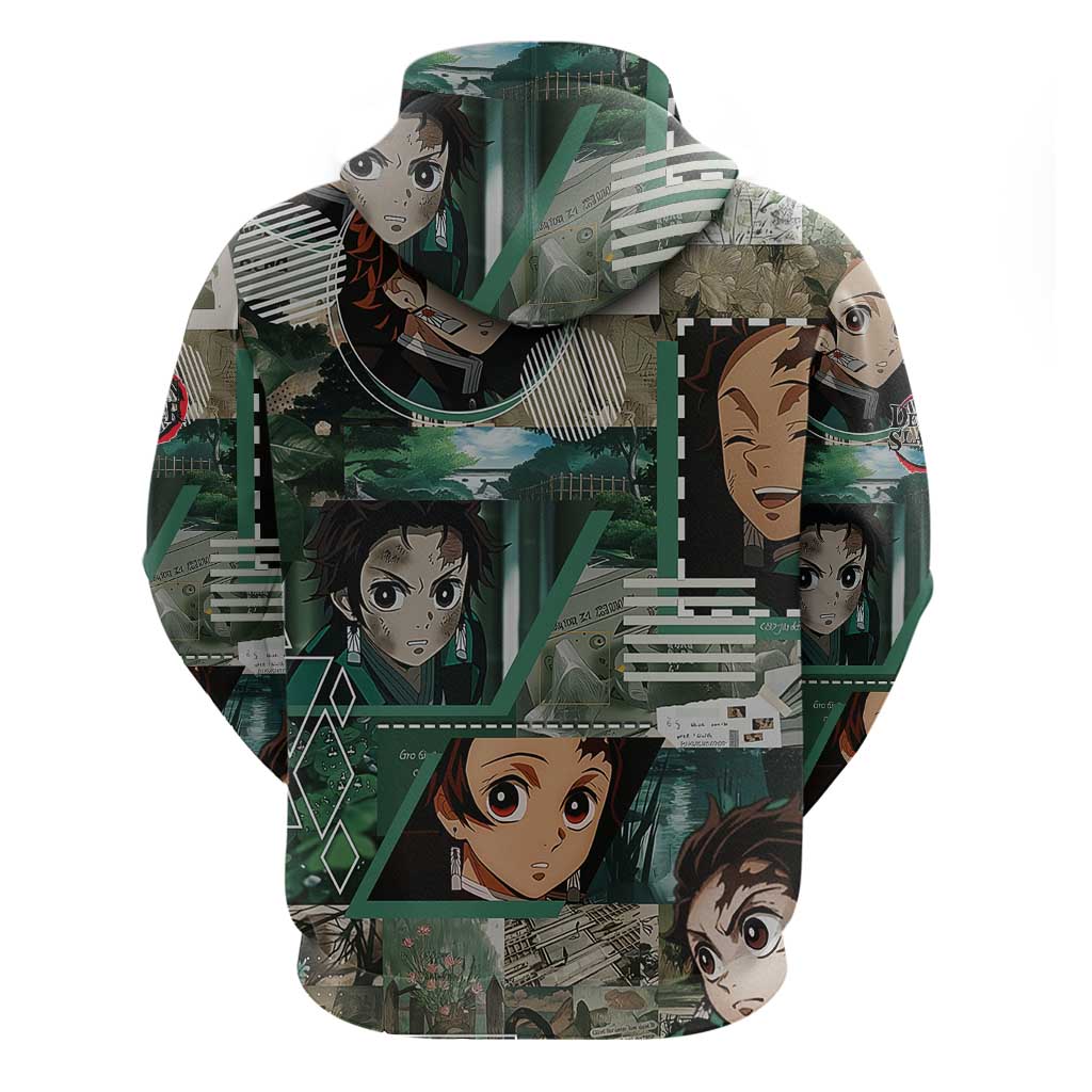 Tanjiro Kamado from Demon Slayer Zip Hoodie with Green Black Checkered Haori and Water Breathing Sword Pose Design - The Mazicc