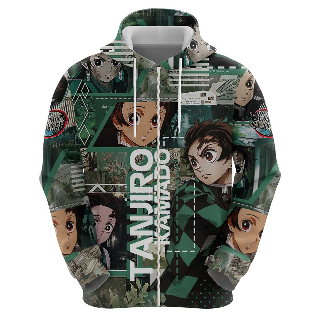 Tanjiro Kamado from Demon Slayer Zip Hoodie with Green Black Checkered Haori and Water Breathing Sword Pose Design - The Mazicc