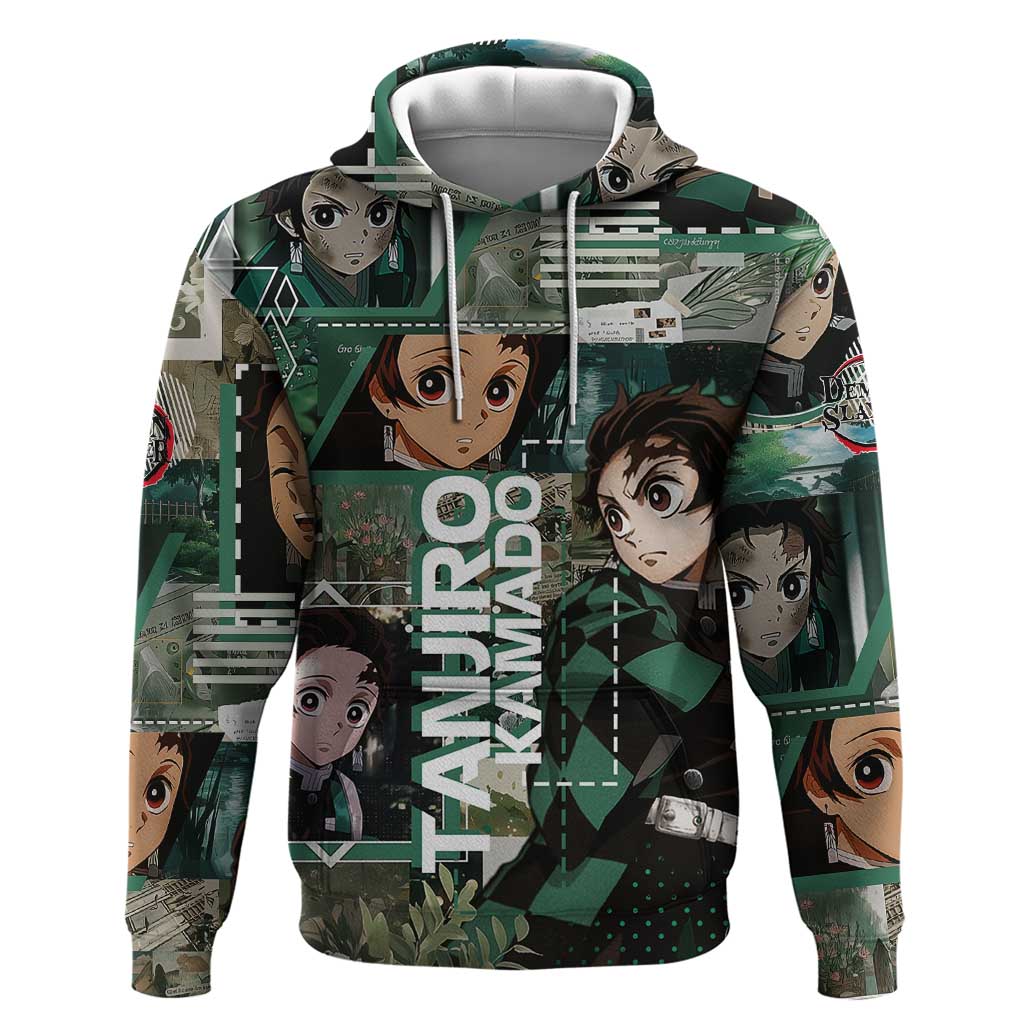 Tanjiro Kamado from Demon Slayer Zip Hoodie with Green Black Checkered Haori and Water Breathing Sword Pose Design - The Mazicc