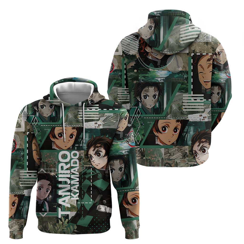 Tanjiro Kamado from Demon Slayer Zip Hoodie with Green Black Checkered Haori and Water Breathing Sword Pose Design - The Mazicc
