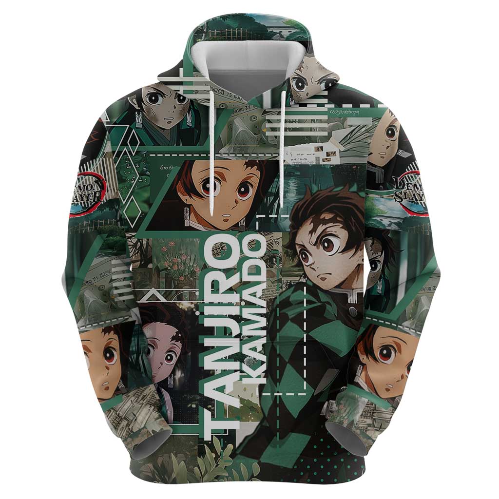 Tanjiro Kamado from Demon Slayer Zip Hoodie with Green Black Checkered Haori and Water Breathing Sword Pose Design - The Mazicc