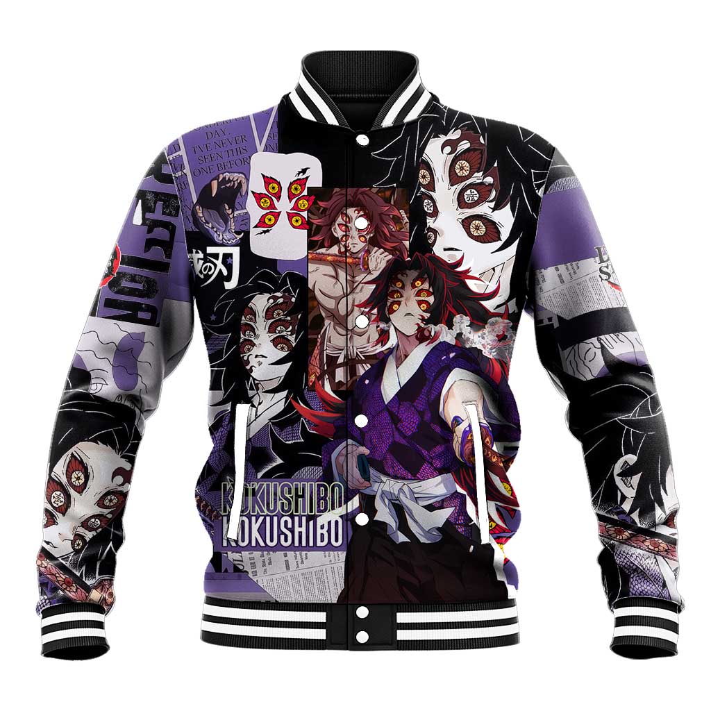 Kokushibo from Demon Slayer Baseball Jacket with Dark Red and Black Demonic Moon Style Design - The Mazicc