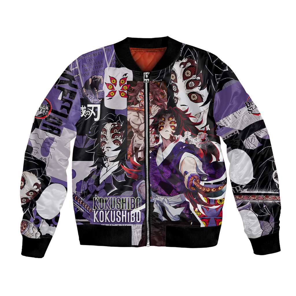 Kokushibo from Demon Slayer Bomber Jacket with Dark Red and Black Demonic Moon Style Design - The Mazicc