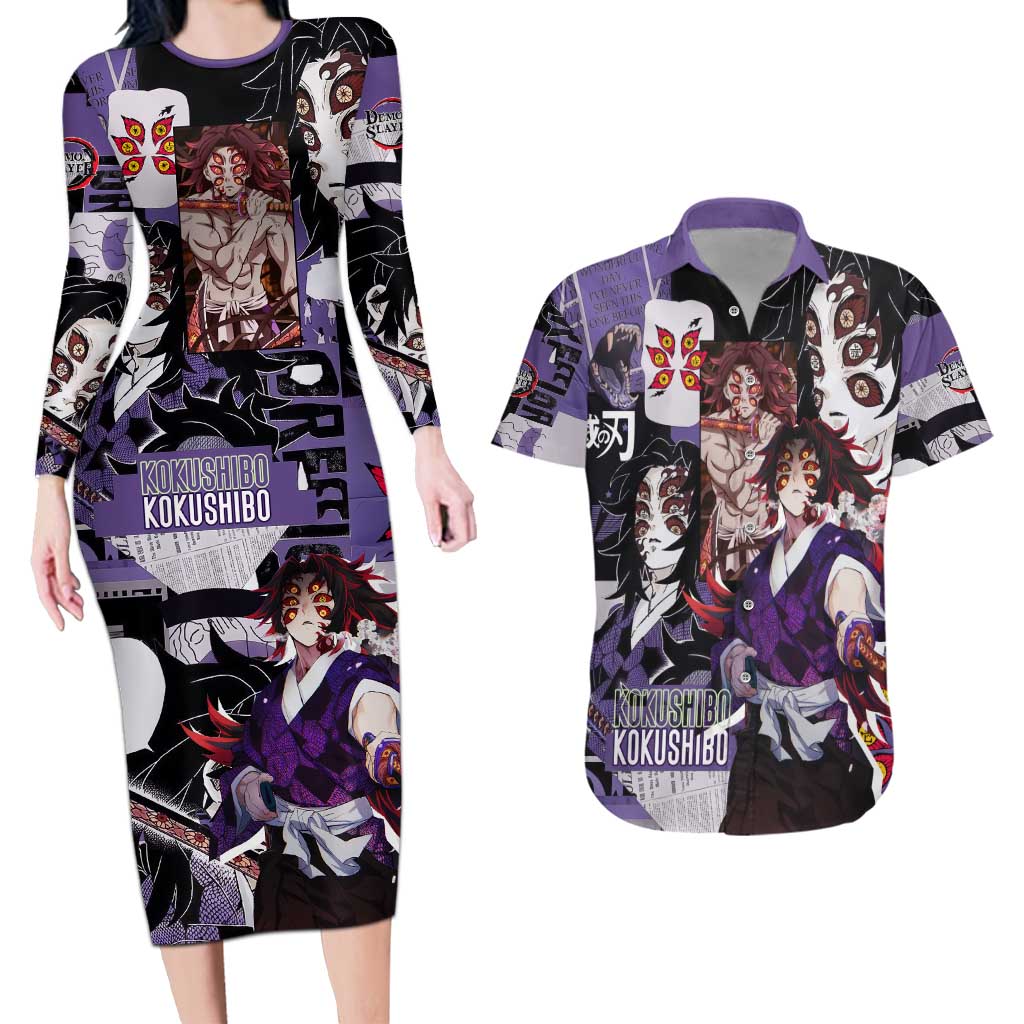 Kokushibo from Demon Slayer Couples Matching Long Sleeve Bodycon Dress and Hawaiian Shirt with Dark Red and Black Demonic Moon Style Design - The Mazicc