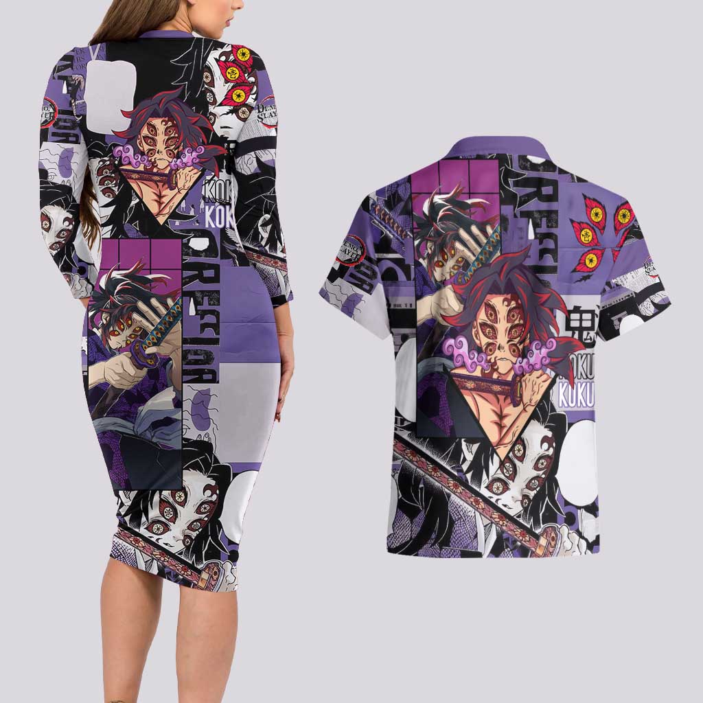 Kokushibo from Demon Slayer Couples Matching Long Sleeve Bodycon Dress and Hawaiian Shirt with Dark Red and Black Demonic Moon Style Design - The Mazicc