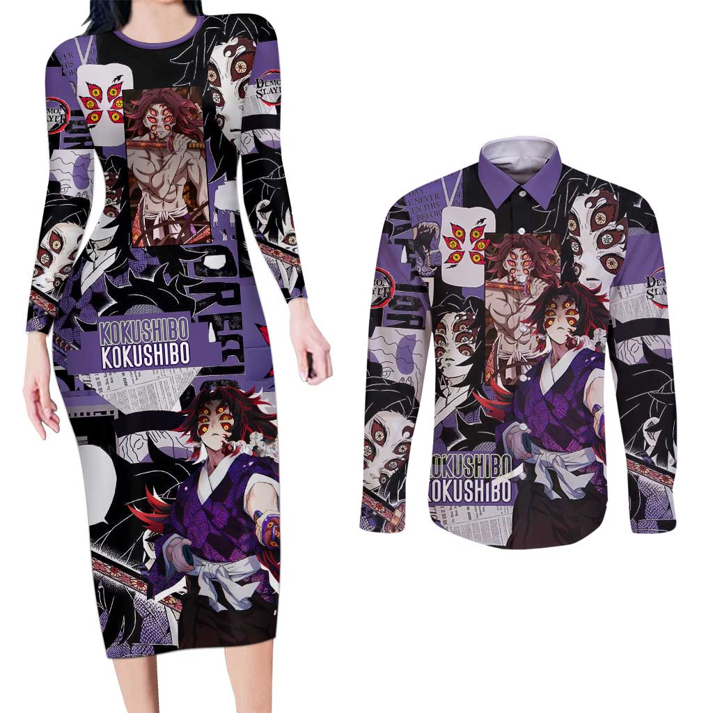 Kokushibo from Demon Slayer Couples Matching Long Sleeve Bodycon Dress and Long Sleeve Button Shirt with Dark Red and Black Demonic Moon Style Design - The Mazicc