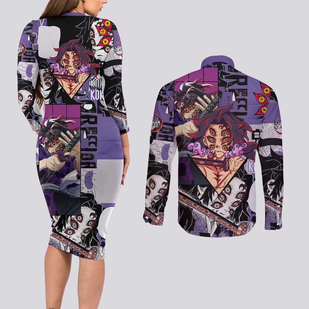 Kokushibo from Demon Slayer Couples Matching Long Sleeve Bodycon Dress and Long Sleeve Button Shirt with Dark Red and Black Demonic Moon Style Design - The Mazicc