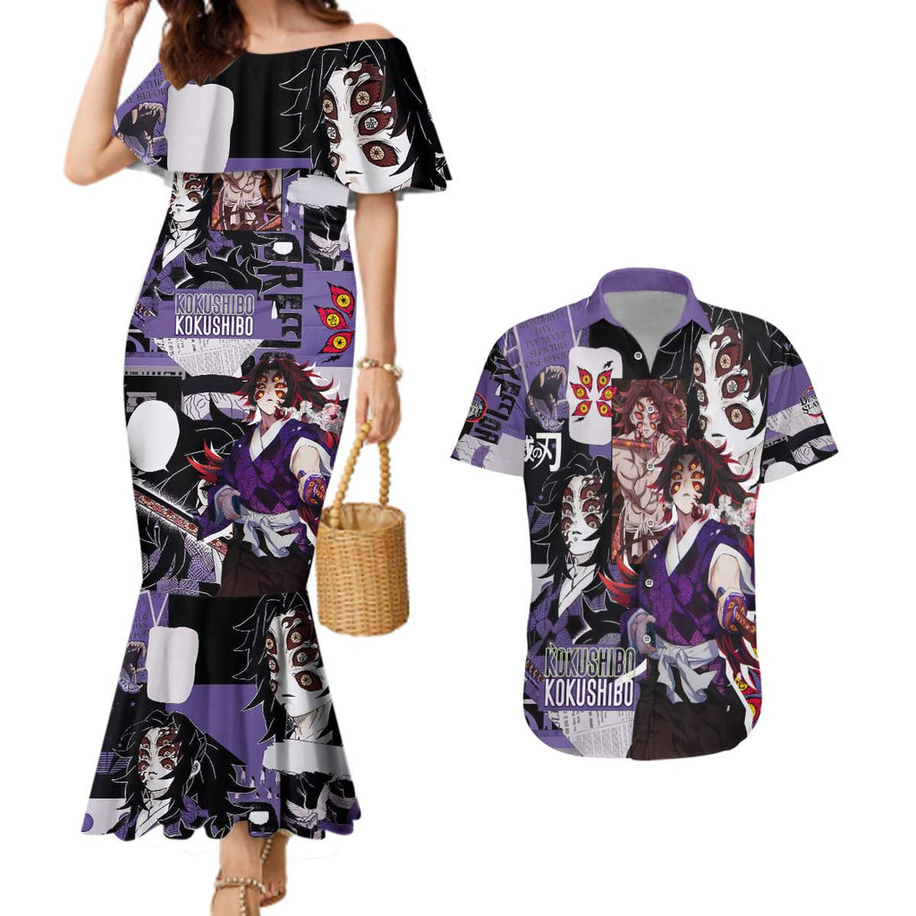 Kokushibo from Demon Slayer Couples Matching Mermaid Dress and Hawaiian Shirt with Dark Red and Black Demonic Moon Style Design - The Mazicc
