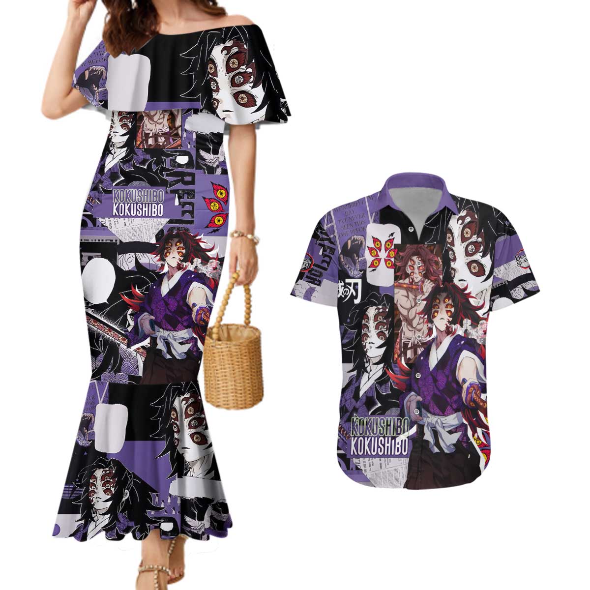 Kokushibo from Demon Slayer Couples Matching Mermaid Dress and Hawaiian Shirt with Dark Red and Black Demonic Moon Style Design - The Mazicc