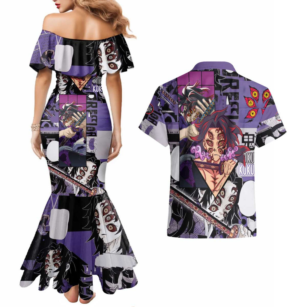 Kokushibo from Demon Slayer Couples Matching Mermaid Dress and Hawaiian Shirt with Dark Red and Black Demonic Moon Style Design - The Mazicc