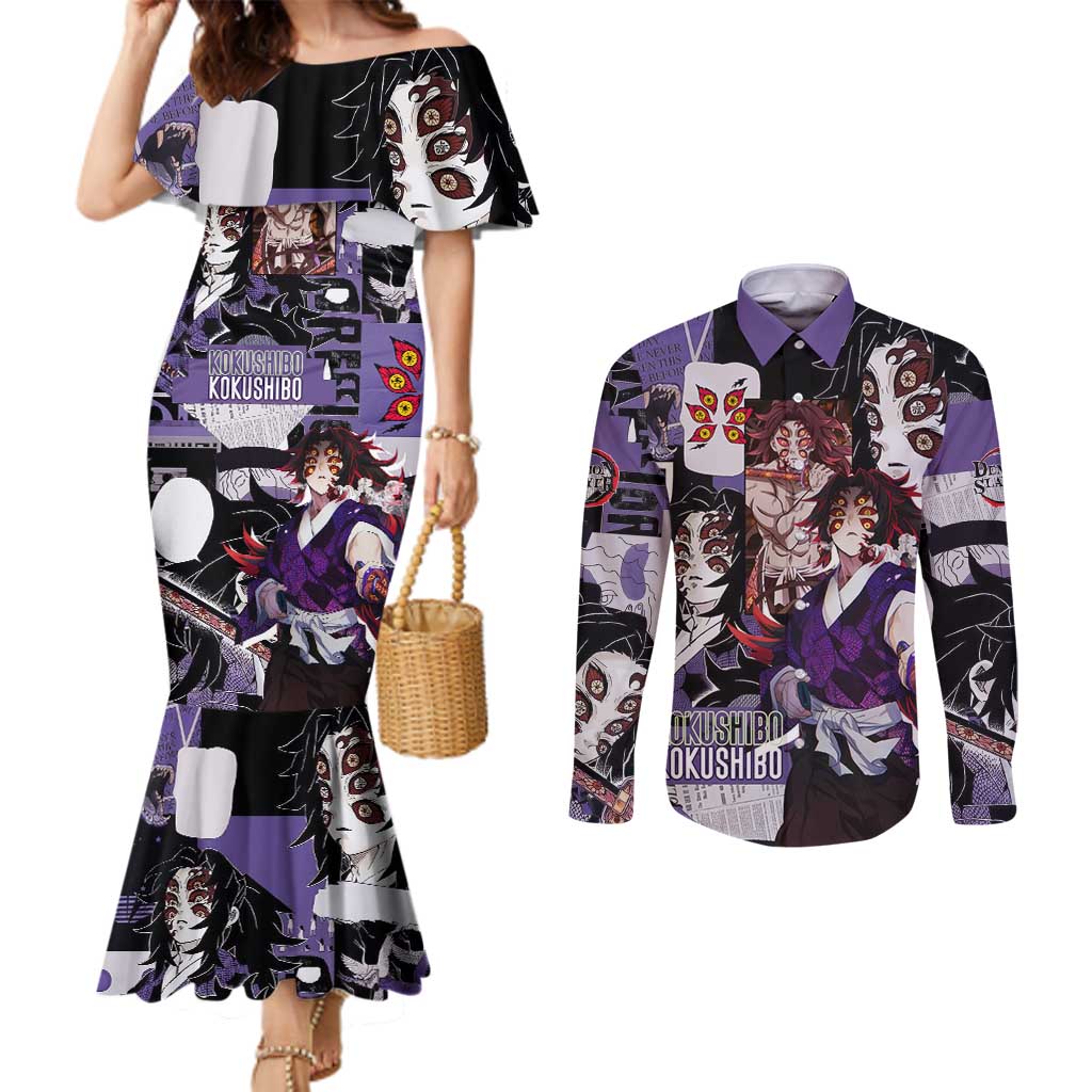 Kokushibo from Demon Slayer Couples Matching Mermaid Dress and Long Sleeve Button Shirt with Dark Red and Black Demonic Moon Style Design - The Mazicc