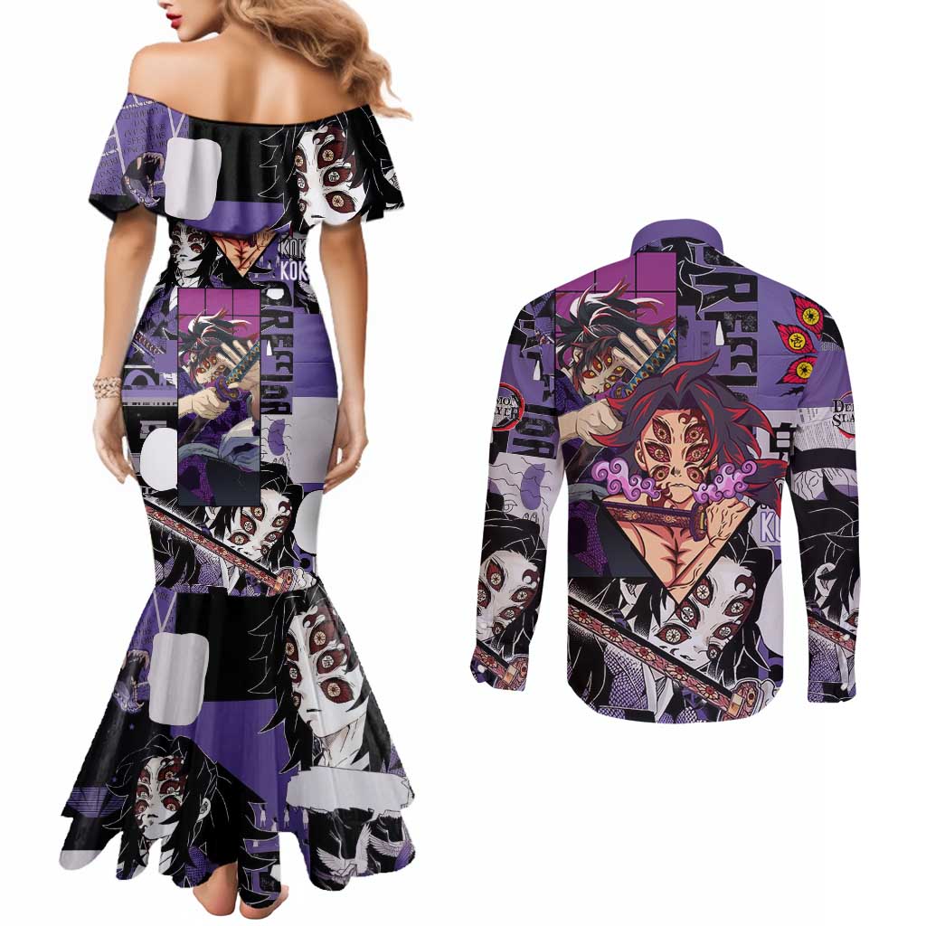 Kokushibo from Demon Slayer Couples Matching Mermaid Dress and Long Sleeve Button Shirt with Dark Red and Black Demonic Moon Style Design - The Mazicc