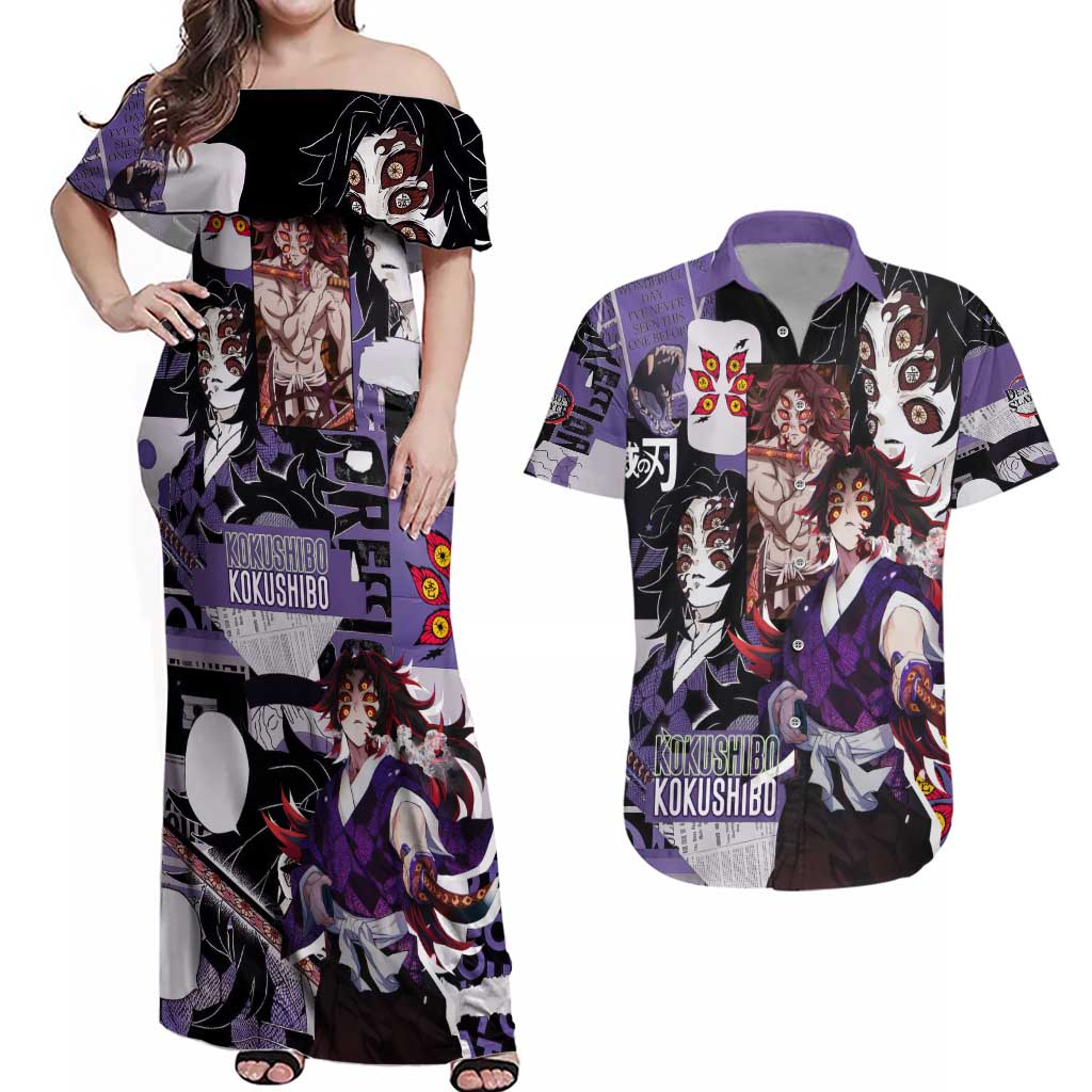 Kokushibo from Demon Slayer Couples Matching Off Shoulder Maxi Dress and Hawaiian Shirt with Dark Red and Black Demonic Moon Style Design - The Mazicc