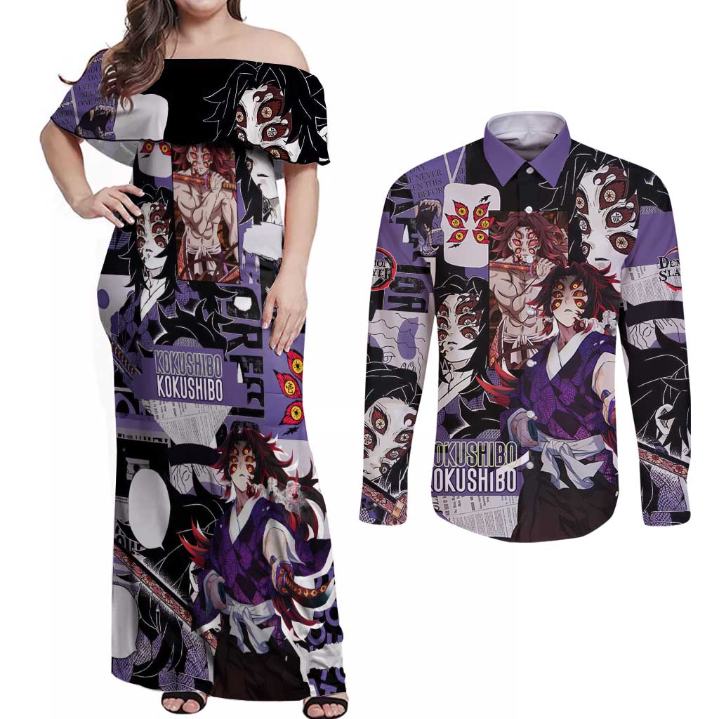 Kokushibo from Demon Slayer Couples Matching Off Shoulder Maxi Dress and Long Sleeve Button Shirt with Dark Red and Black Demonic Moon Style Design - The Mazicc