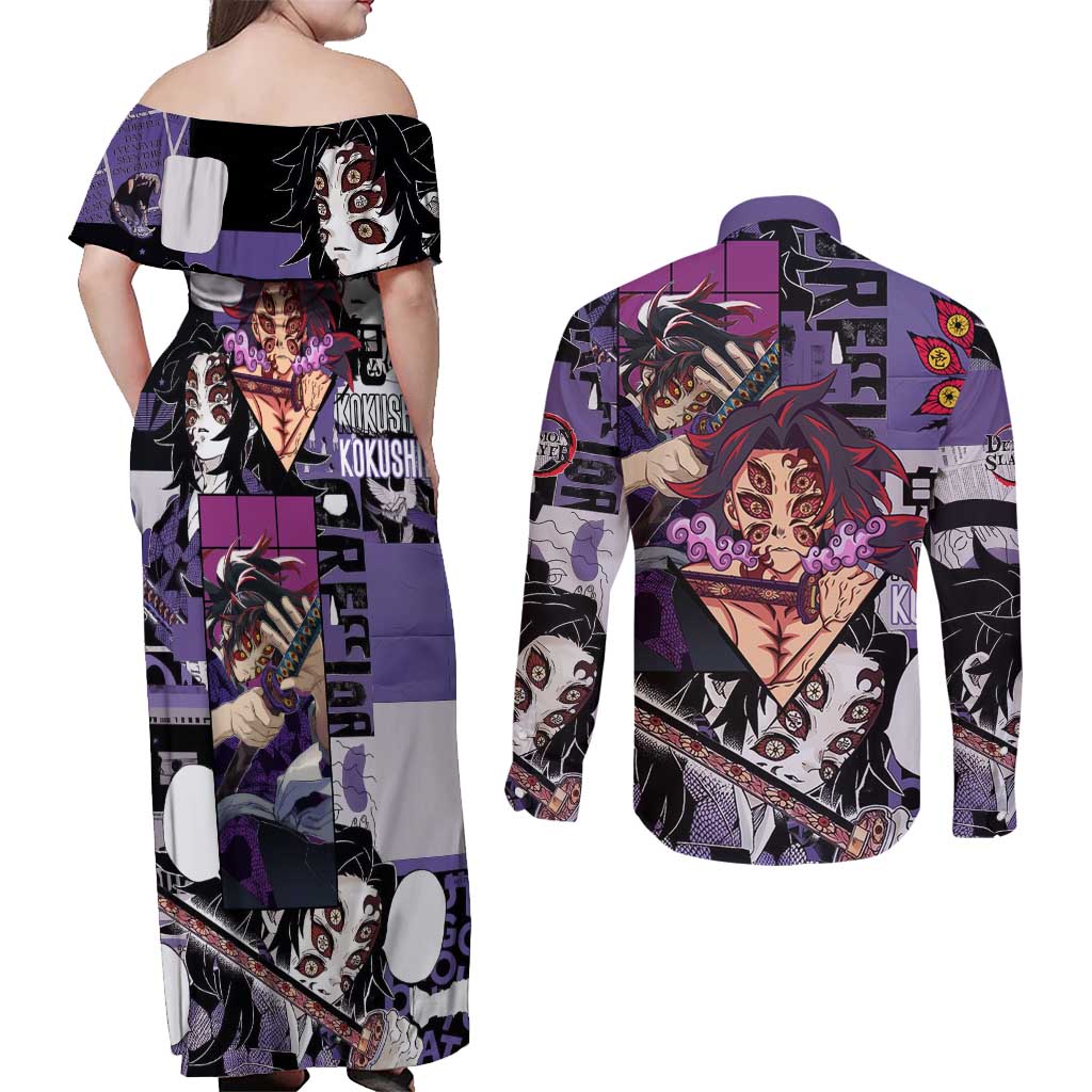 Kokushibo from Demon Slayer Couples Matching Off Shoulder Maxi Dress and Long Sleeve Button Shirt with Dark Red and Black Demonic Moon Style Design - The Mazicc