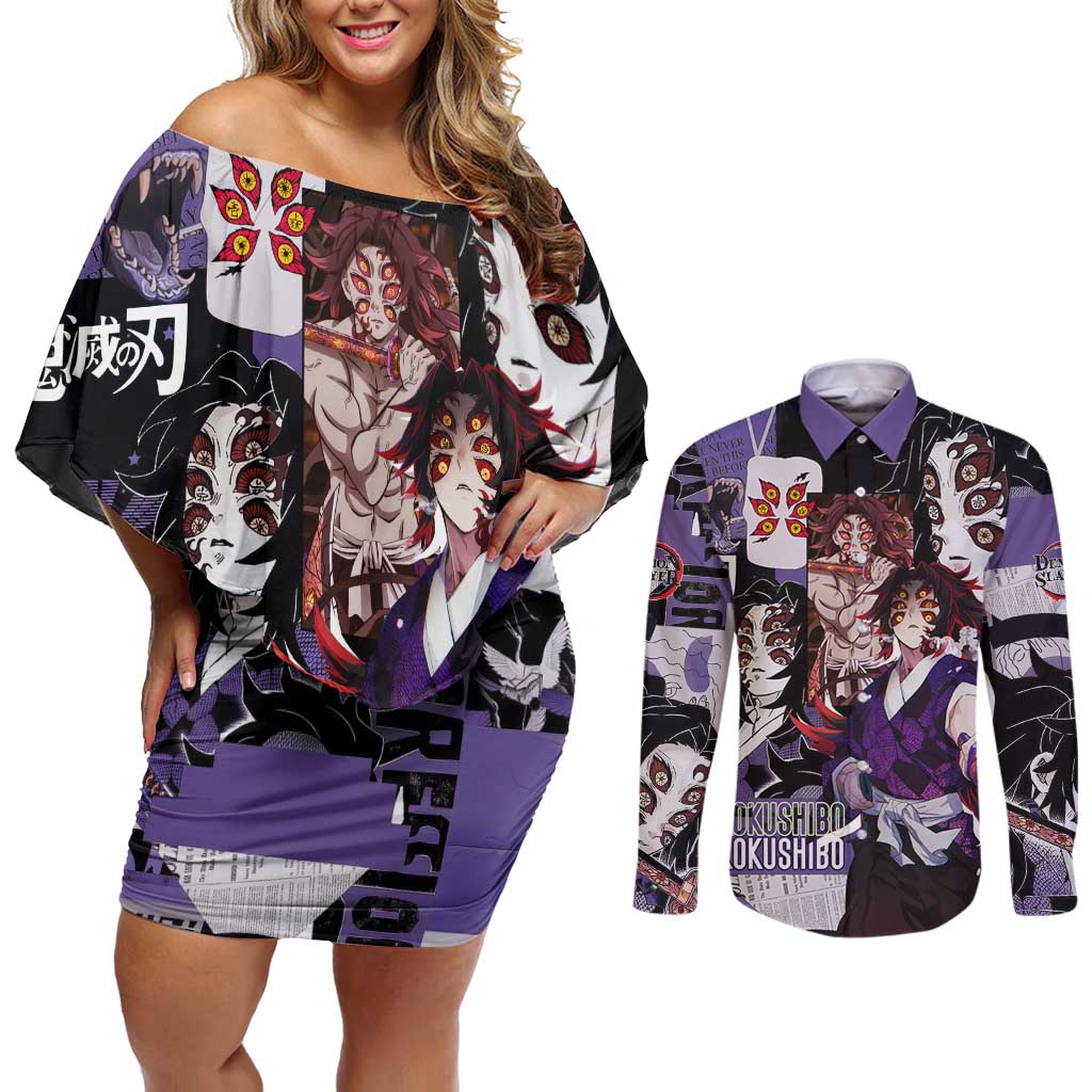 Kokushibo from Demon Slayer Couples Matching Off Shoulder Short Dress and Long Sleeve Button Shirt with Dark Red and Black Demonic Moon Style Design - The Mazicc
