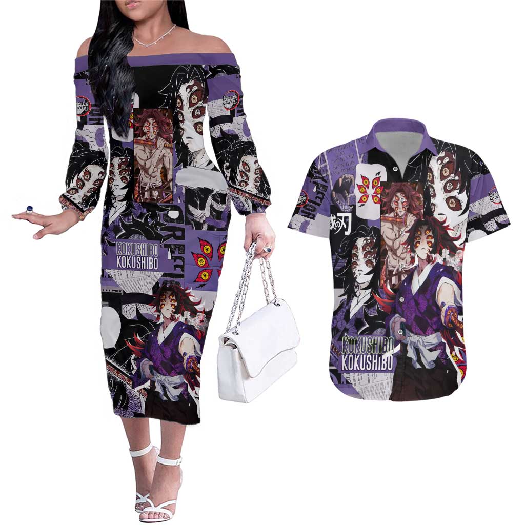 Kokushibo from Demon Slayer Couples Matching Off The Shoulder Long Sleeve Dress and Hawaiian Shirt with Dark Red and Black Demonic Moon Style Design - The Mazicc