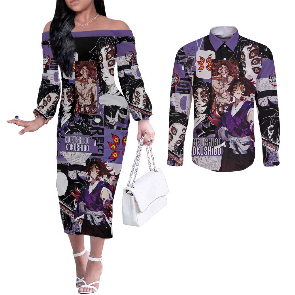 Kokushibo from Demon Slayer Couples Matching Off The Shoulder Long Sleeve Dress and Long Sleeve Button Shirt with Dark Red and Black Demonic Moon Style Design - The Mazicc