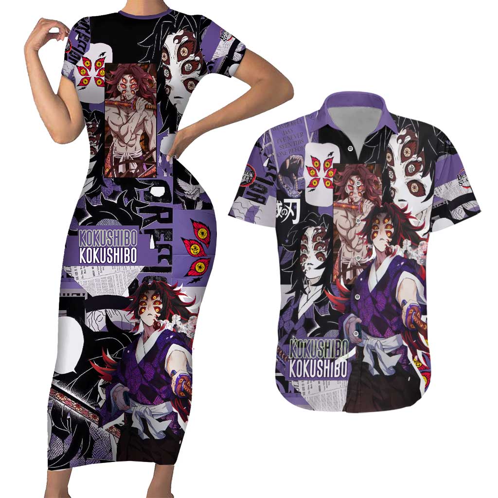 Kokushibo from Demon Slayer Couples Matching Short Sleeve Bodycon Dress and Hawaiian Shirt with Dark Red and Black Demonic Moon Style Design - The Mazicc