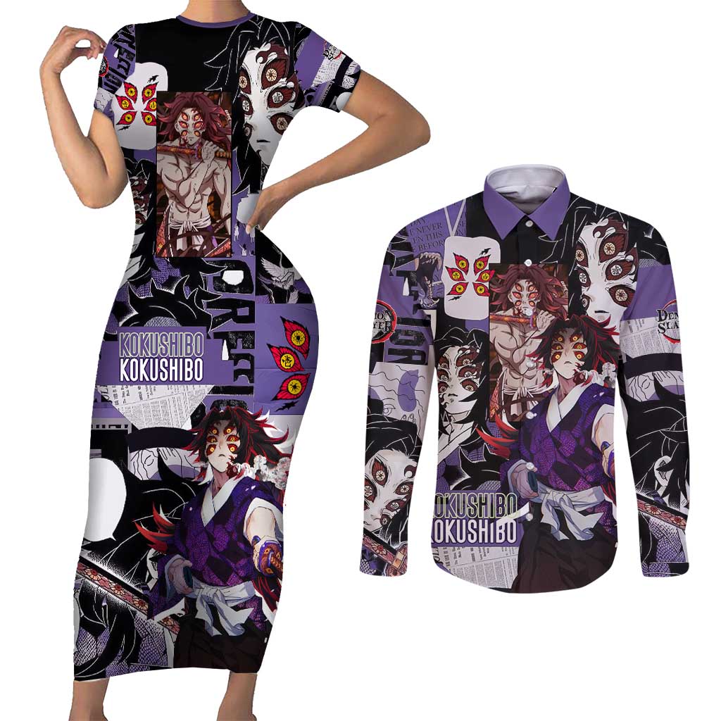 Kokushibo from Demon Slayer Couples Matching Short Sleeve Bodycon Dress and Long Sleeve Button Shirt with Dark Red and Black Demonic Moon Style Design - The Mazicc