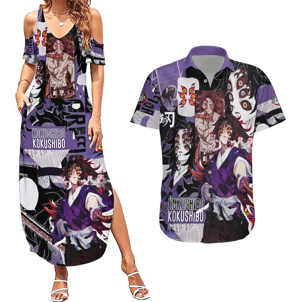Kokushibo from Demon Slayer Couples Matching Summer Maxi Dress and Hawaiian Shirt with Dark Red and Black Demonic Moon Style Design - The Mazicc