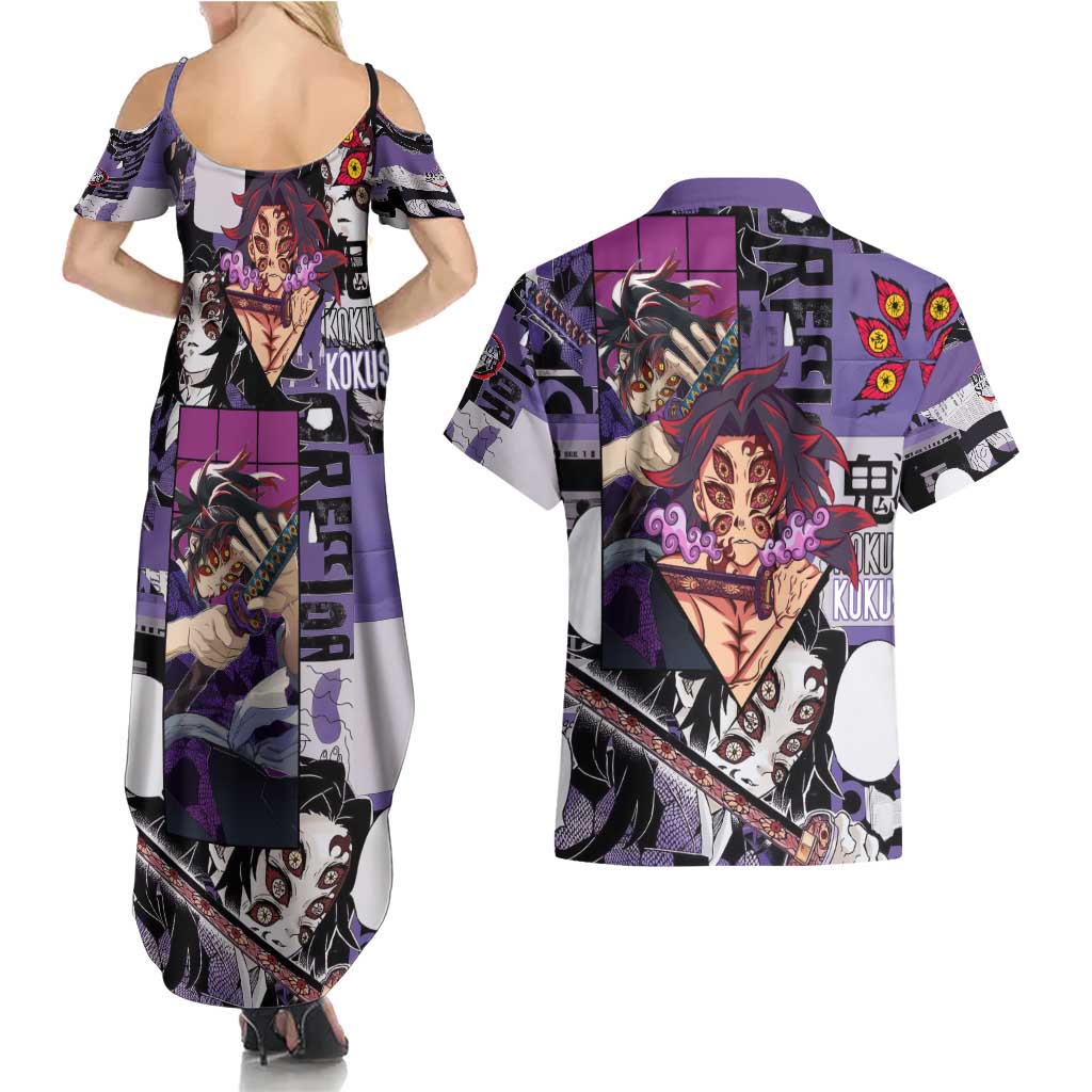Kokushibo from Demon Slayer Couples Matching Summer Maxi Dress and Hawaiian Shirt with Dark Red and Black Demonic Moon Style Design - The Mazicc