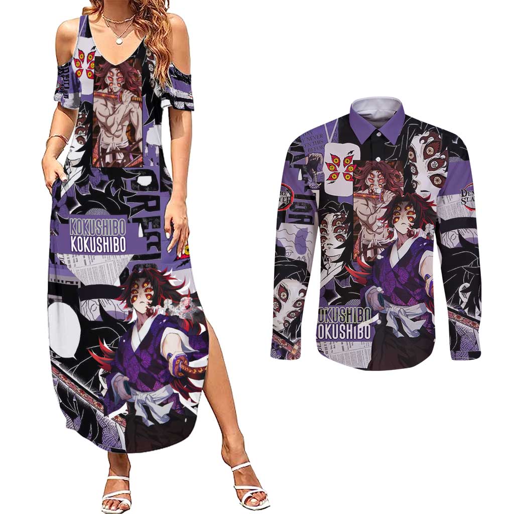 Kokushibo from Demon Slayer Couples Matching Summer Maxi Dress and Long Sleeve Button Shirt with Dark Red and Black Demonic Moon Style Design - The Mazicc