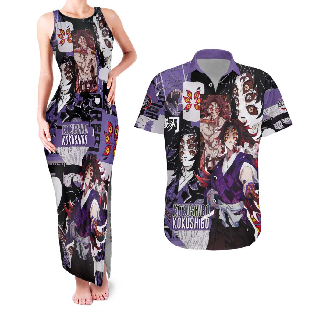 Kokushibo from Demon Slayer Couples Matching Tank Maxi Dress and Hawaiian Shirt with Dark Red and Black Demonic Moon Style Design - The Mazicc