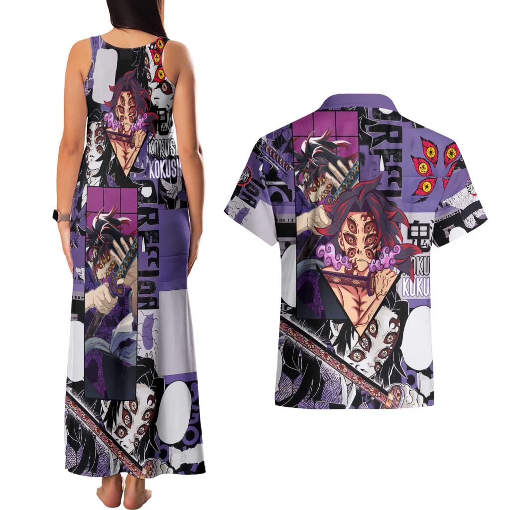 Kokushibo from Demon Slayer Couples Matching Tank Maxi Dress and Hawaiian Shirt with Dark Red and Black Demonic Moon Style Design - The Mazicc