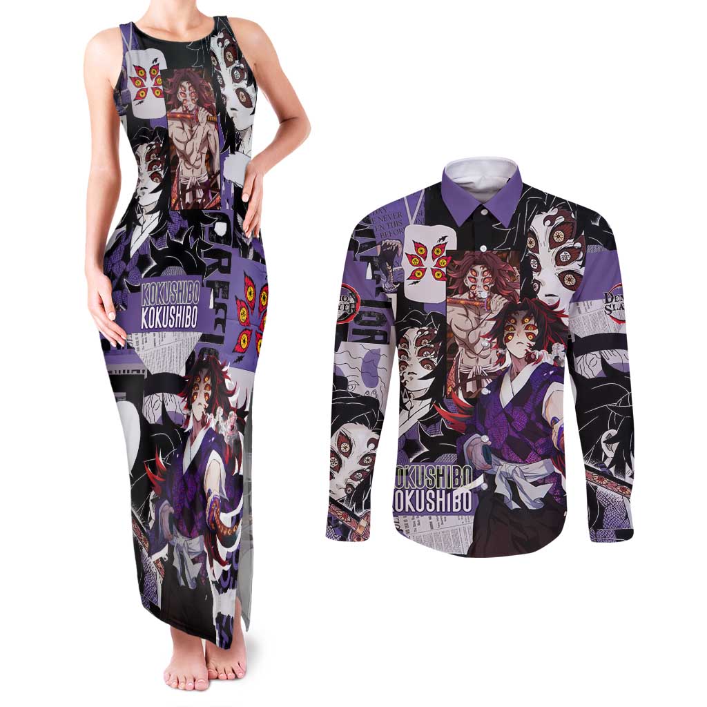 Kokushibo from Demon Slayer Couples Matching Tank Maxi Dress and Long Sleeve Button Shirt with Dark Red and Black Demonic Moon Style Design - The Mazicc