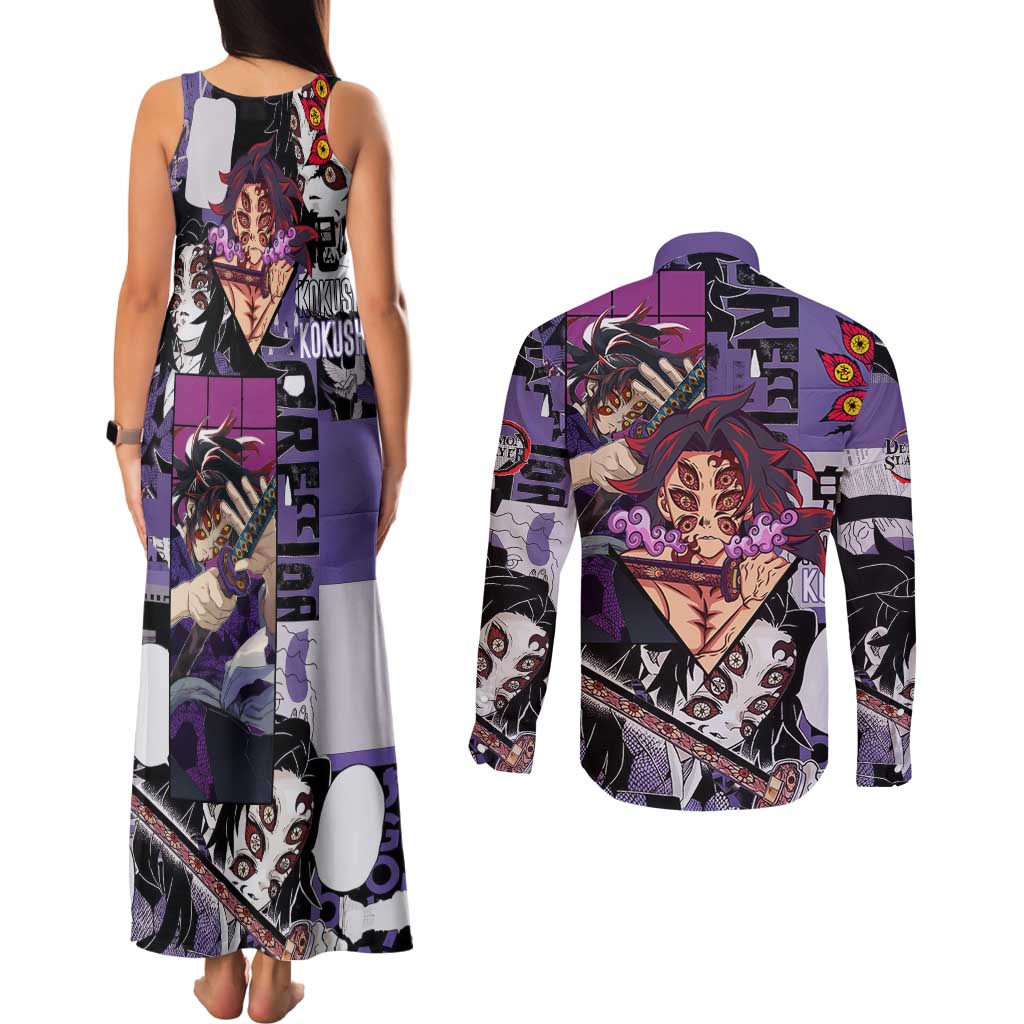 Kokushibo from Demon Slayer Couples Matching Tank Maxi Dress and Long Sleeve Button Shirt with Dark Red and Black Demonic Moon Style Design - The Mazicc