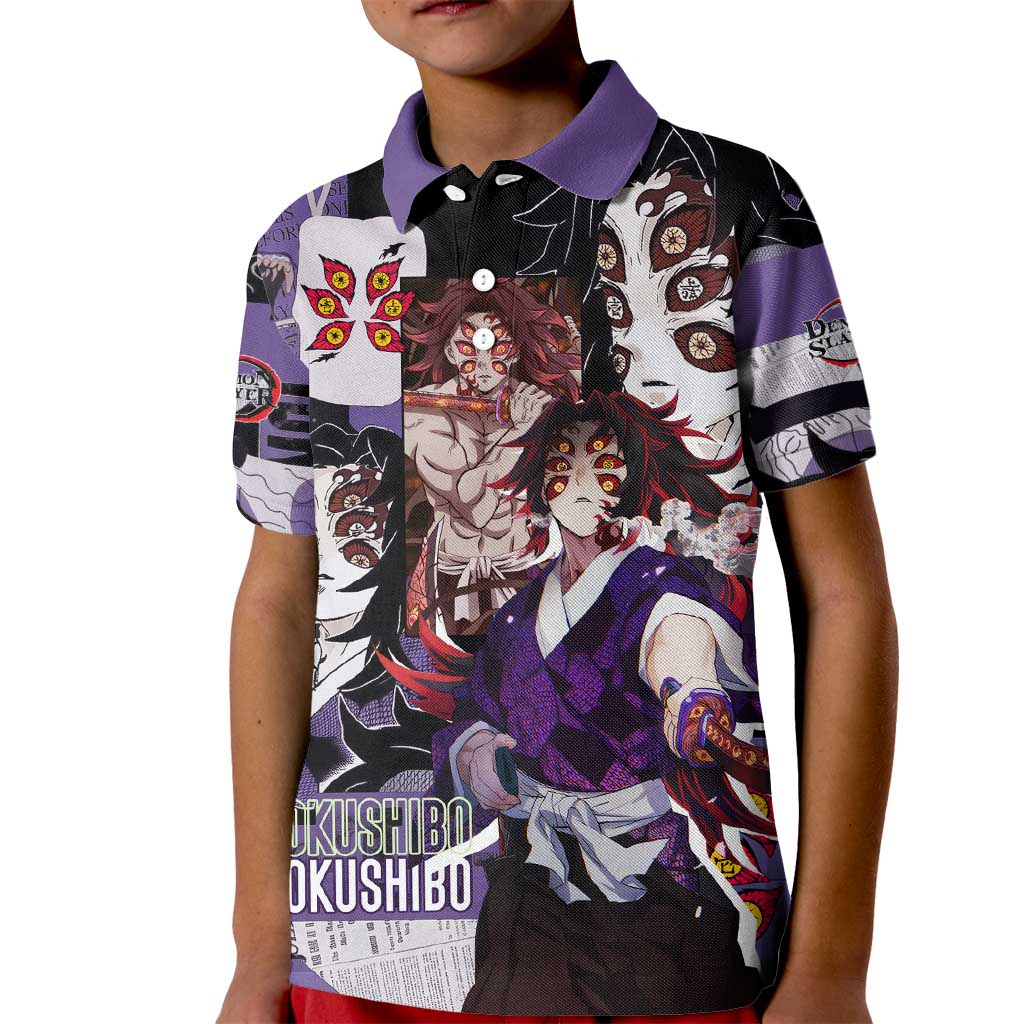 Kokushibo from Demon Slayer Kid Polo Shirt with Dark Red and Black Demonic Moon Style Design - The Mazicc