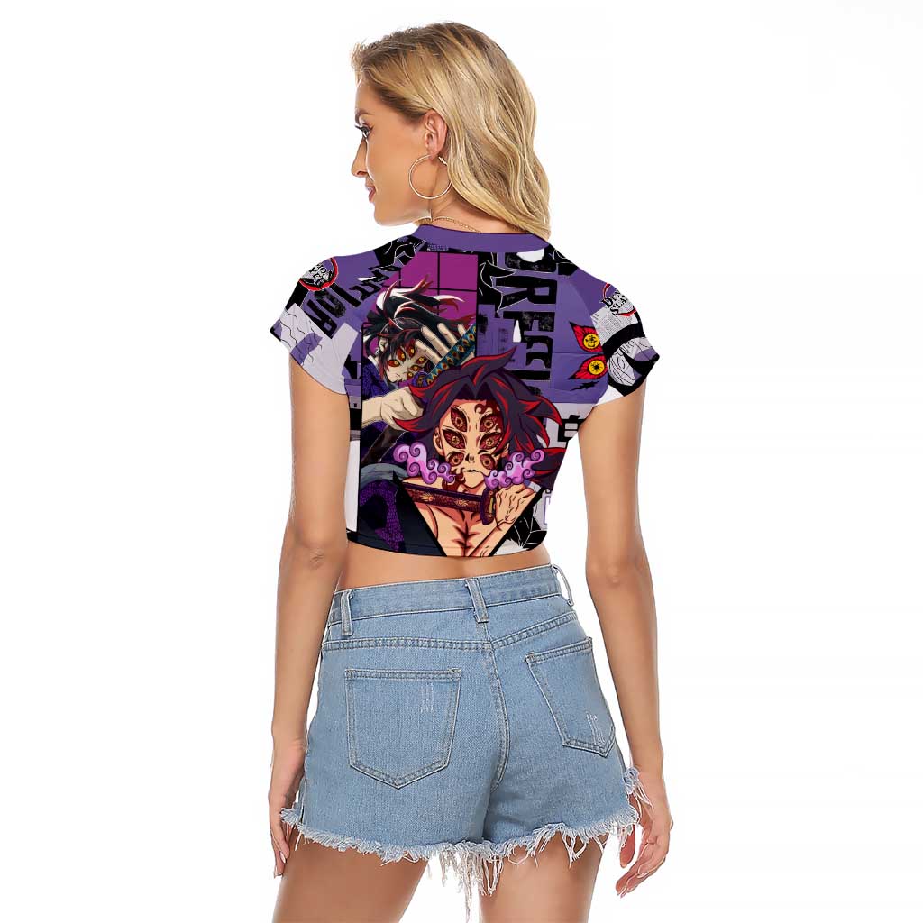 Kokushibo from Demon Slayer Raglan Cropped T Shirt with Dark Red and Black Demonic Moon Style Design - The Mazicc