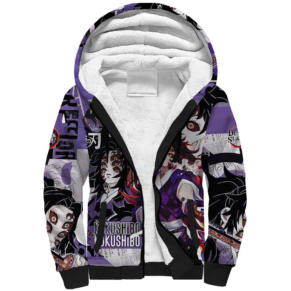 Kokushibo from Demon Slayer Sherpa Hoodie with Dark Red and Black Demonic Moon Style Design - The Mazicc